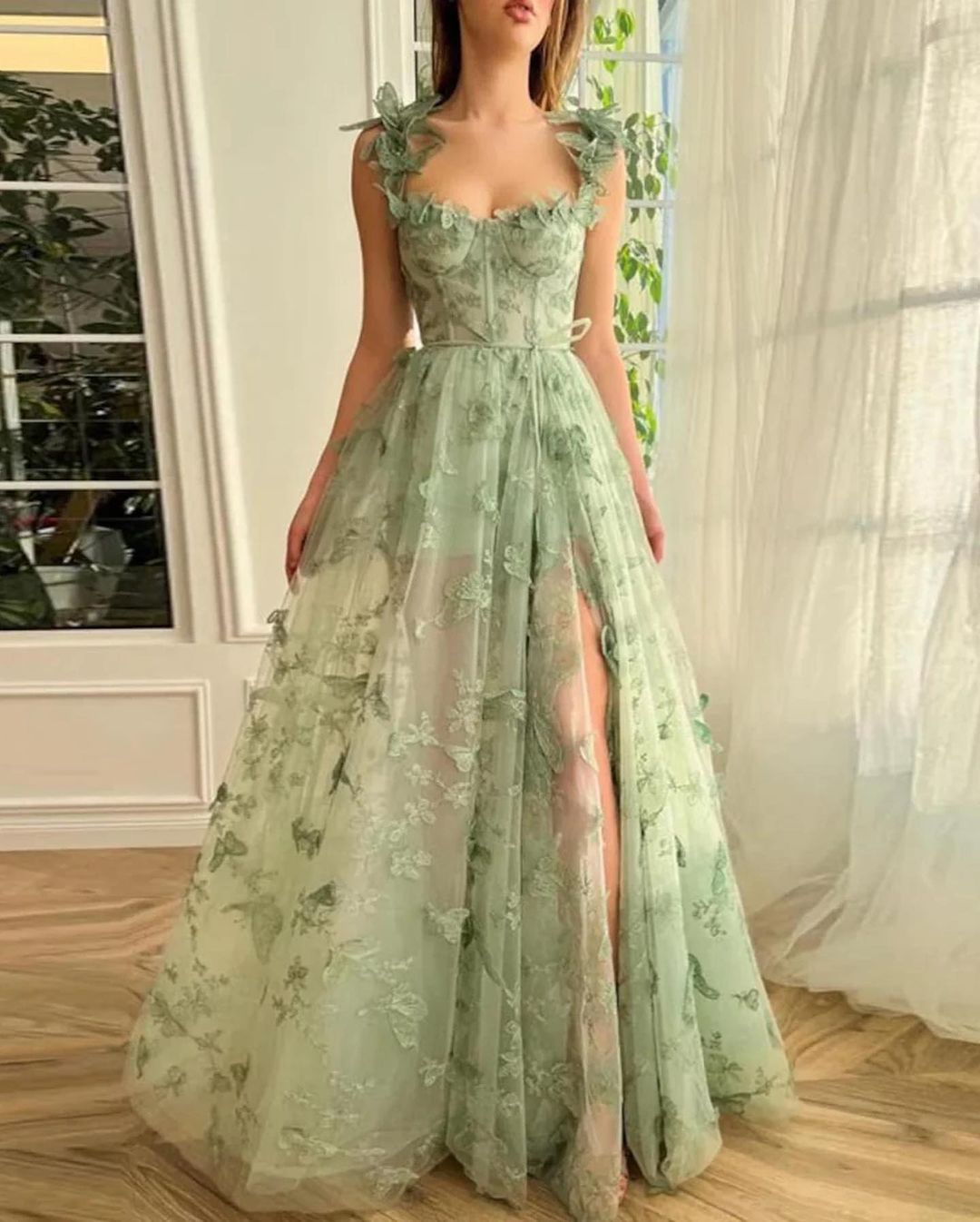 A Line Sage Green Formal Dresses with 3D Butterflies – MyChicDress