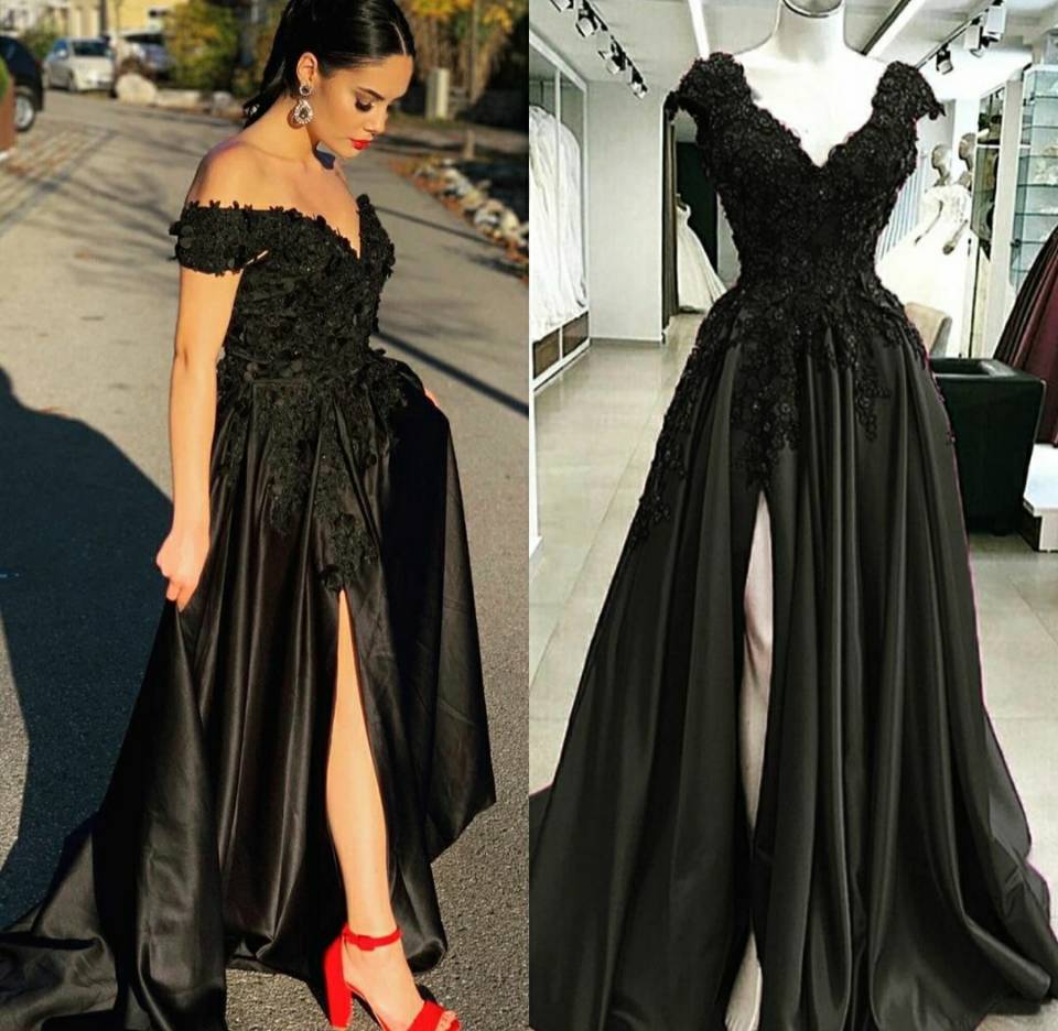 Black Lace 2024 Prom Dresses V Neck Satin Applique Formal Dress with S –  MyChicDress