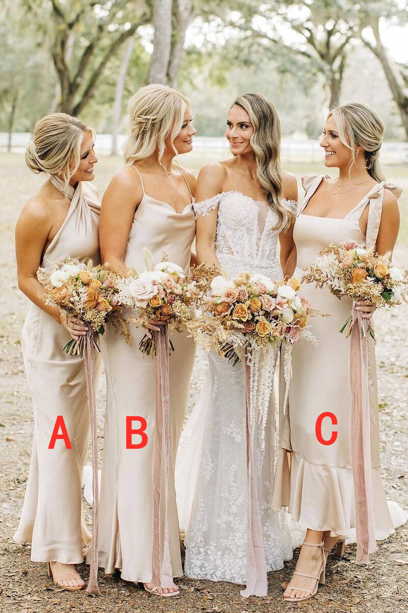 Champagne silk bridesmaid dresses best sale