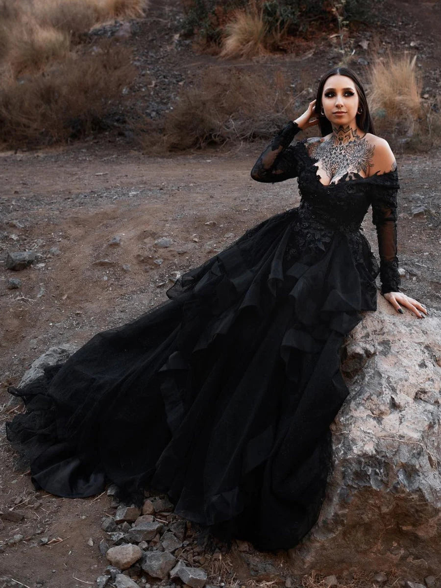 Black Gothic Sparkly 3D Floral Lace Corset Wedding Dress