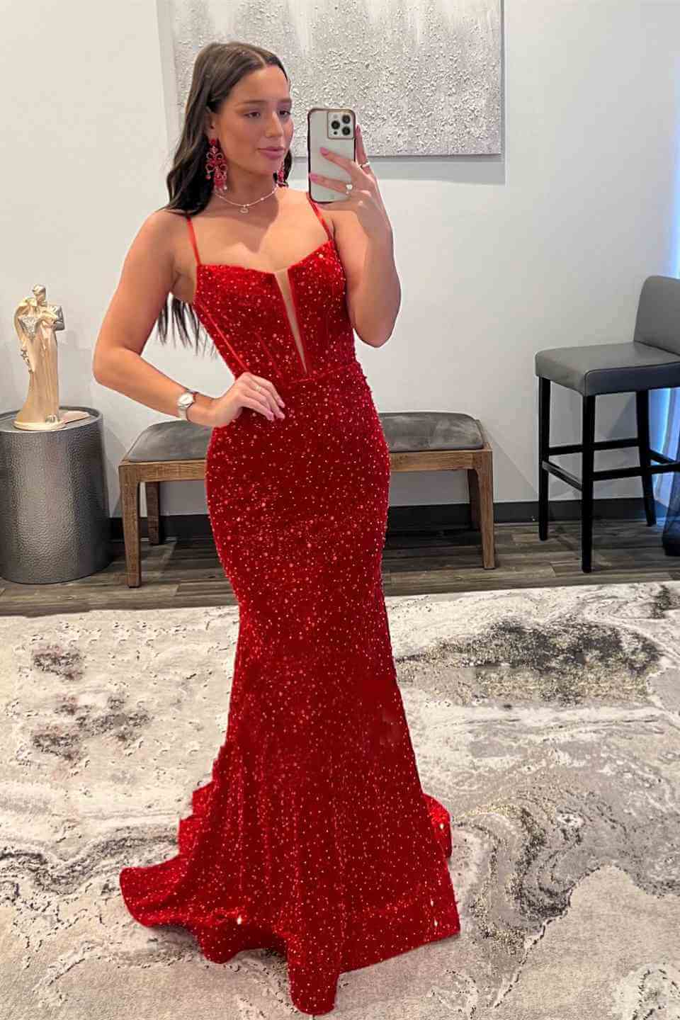 Asymmetrical Straps One-shoulder Red Sequin Cut-out Dress