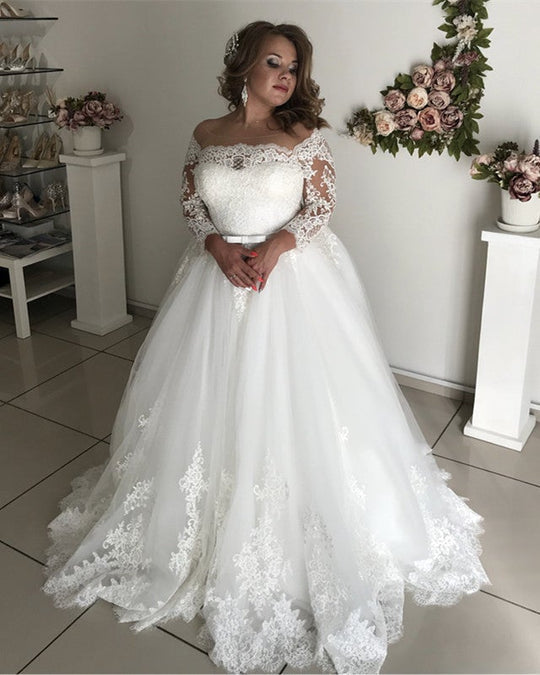 A line Lace Long Sleeves Plus Size Wedding Dresses Illusion Tulle Brid