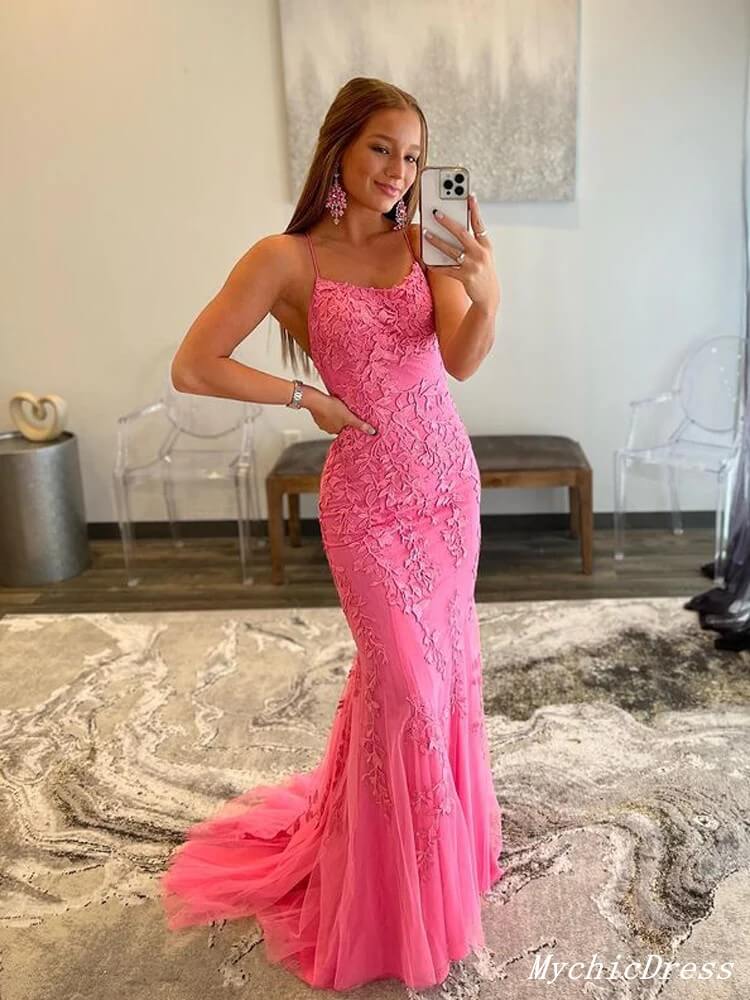Mermaid Strapless Hot Pink Corset Appliques Long Formal Dress