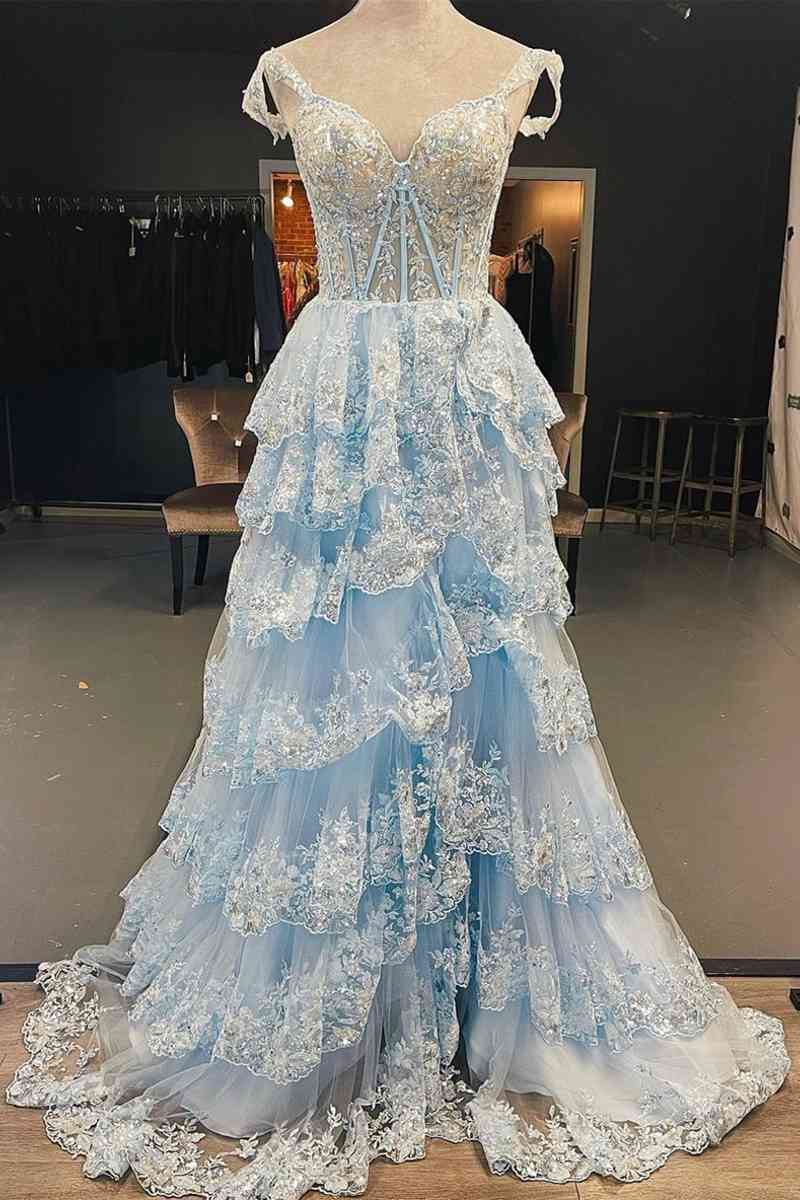 2024 Long Light Blue Corset Lace Prom Gowns Tiered Tulle Formal Gradua