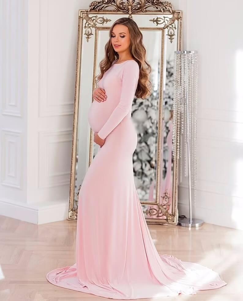 Stretch Pink Mermaid Maternity Dresses Photoshoot Puffy Sleeves