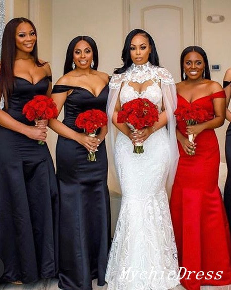 Floor Length Satin Navy Blue Bridesmaid Dresses Red Wedding Guest Dres –  MyChicDress