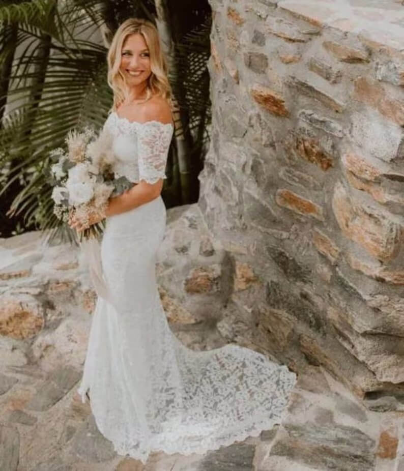 Beautiful Ivory Lace Mermaid Off-the-Shoulder Beach Wedding