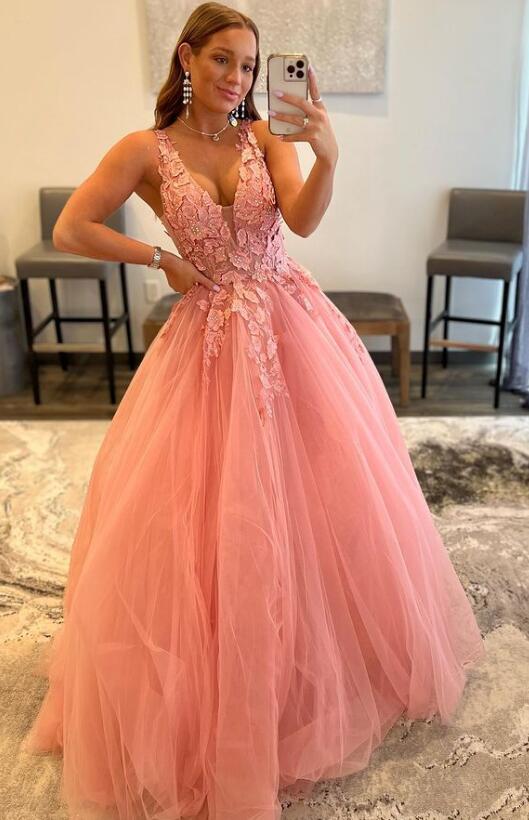 V Neck Pink Lace Prom Gown with Corset Back, Pink Lace Corset Back Pro –  jbydress