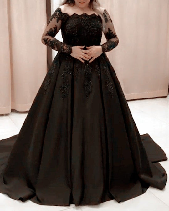 Stylish Long Sleeves Lace Beaded Ball Gown Women Formal Dress