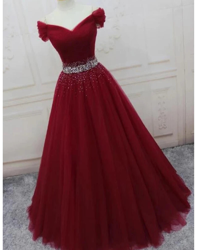 Off the Shoulder Tulle Beaded Long Red Prom Dresses Lace Up – MyChicDress
