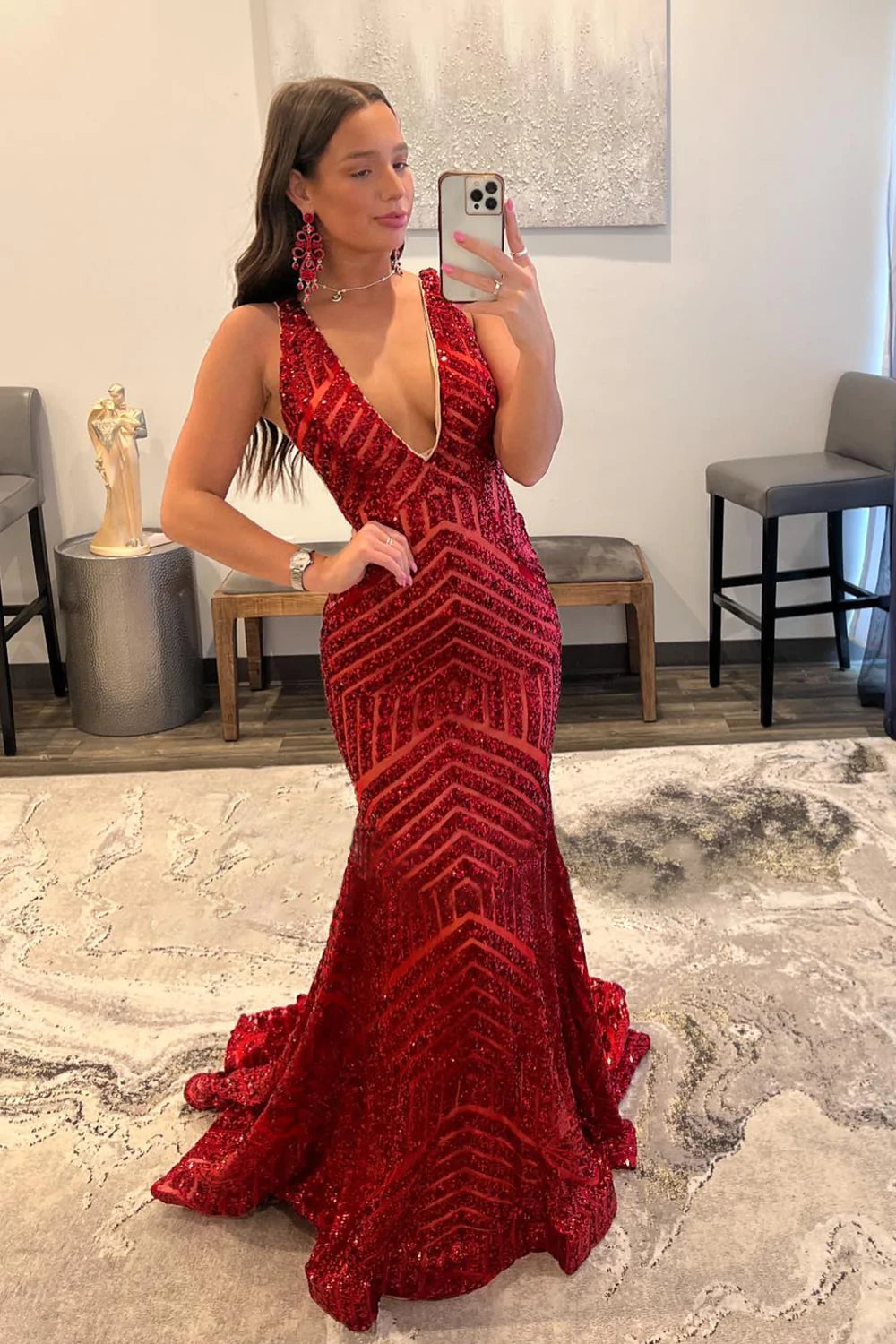 Sequin Prom Dresses Red Deep V Neck Mermaid Formal Dresses Long UK MyChicDress