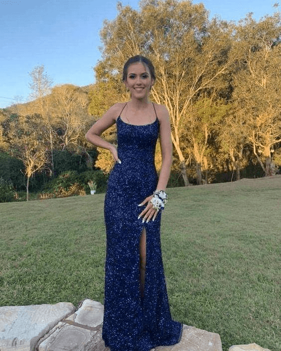 Navy Blue Sequin Prom Dresses Mermaid Long Formal Party Dresses Cross –  MyChicDress
