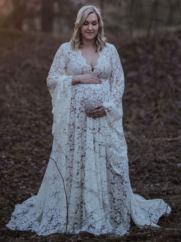 V Neck Lace Maternity Dresses Long Sleeve Boho Maternity Gowns