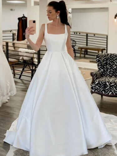 Satin Square Neck Wedding Dress Minimalist Square Neckline Fitted