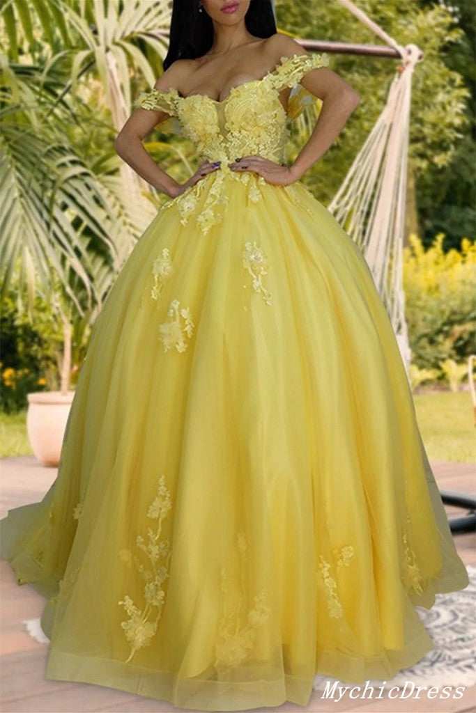 MyChicDress Yellow Lace Prom Dresses Tulle Appliques Long Party Dresses UK US4 Custom Color