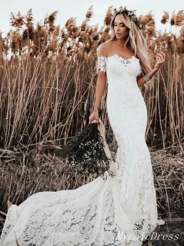 Off the Shoulder Lace Beach Boho Wedding Dresses Mermaid Bridal Wears –  MyChicDress