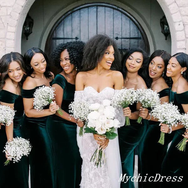 Cheap Dark Green Bridesmaid Dresses Off Shoulder Long Wedding