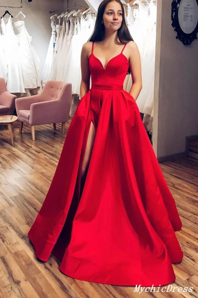A Line Red Satin Prom Dresses 2024 Spaghetti Straps V Neck Long Evenin –  MyChicDress