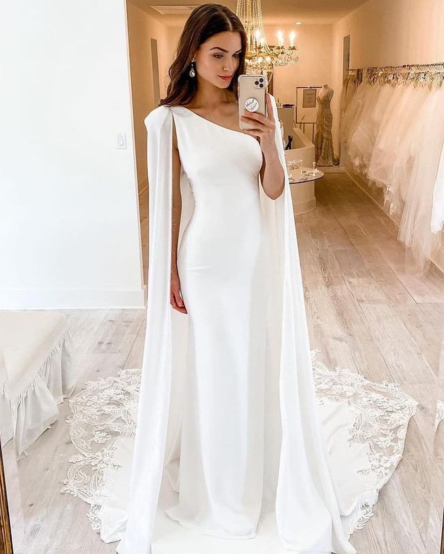 One Shoulder Long White Satin Wedding Dresses with Cape – MyChicDress