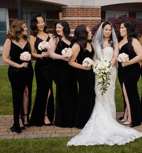 Long Black Velvet Bridesmaid Dresses Winter V Neck Spaghetti Strap –  MyChicDress