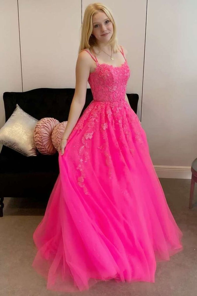 Hot Pink Tulle A Line Scoop Long Lace Prom Dresses PL427 | Promnova
