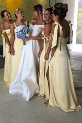 Beach Yellow Bridesmaid Dresses Satin Long with Straps