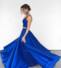 2 Piece royal Blue Prom Dresses satin Evening Dresses MyChicDress