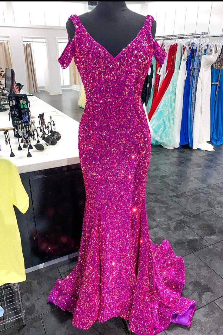 20224 Fuchsia Sequin Formal Dresses Cold-Shoulder Mermaid Prom Dress Long MyChicDress