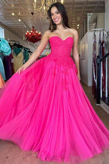 2024 A-Line Hot Pink Prom Dresses Long Evening Dress Sweetheart with Appliques MyChicDress