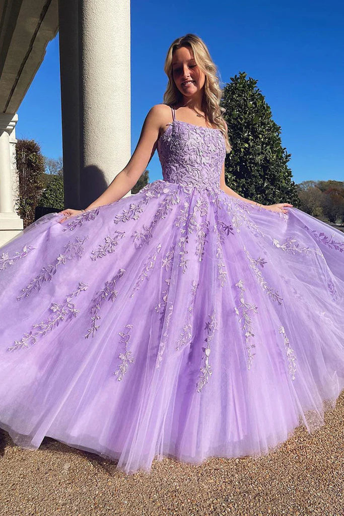 2024 A Line Purple Lace Violet Prom Dresses Open Back Long Formal Dresses MyChicDress