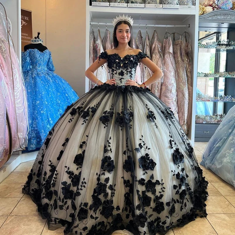 2024 Ball Gown 15 Black Quinceanera Dresses Crystal With 3D Flowers Girl Birthday Dress MyChicDress