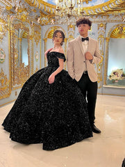 2024 Black Ball Gown Quinceanera Dresses Off Shoulder Corset Sequin Wedding Dress MyChicDress