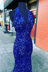 2024 Halter Royal Blue Sequin Evening Dresses UK Long Prom Dress MyChicDress