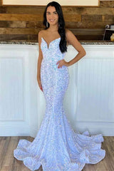 2024 Iridescent Sequins V Neck Long Evening Dress UK Mermaid Prom Dress White MyChicDress