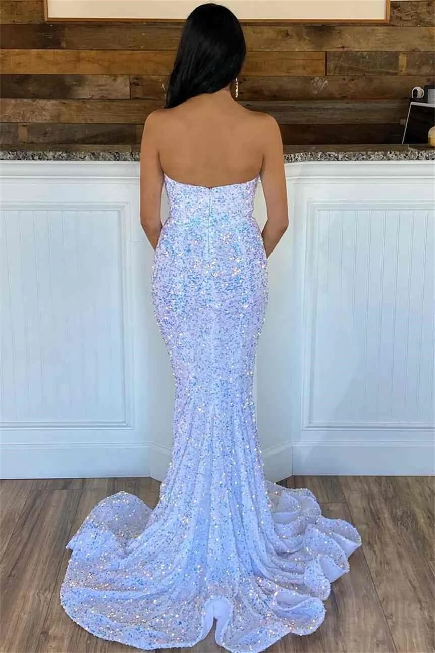 2024 Iridescent Sequins V Neck Long Evening Dress UK Mermaid Prom Dress White MyChicDress