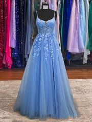 2024 Lace Blue Prom Dresses V Neck Long Formal Dresses Open Back MyChicDress