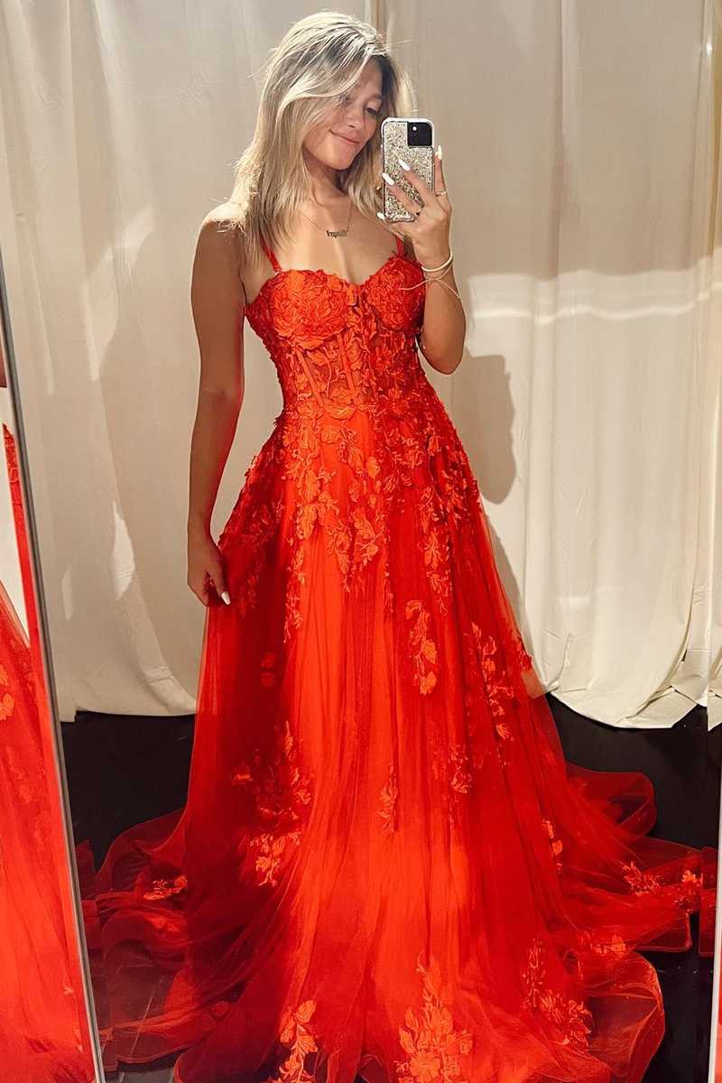 MyChicDress 2025 Lace Red Formal Dress Corset Long Straps Evening Dress Appliques US18W Custom Color