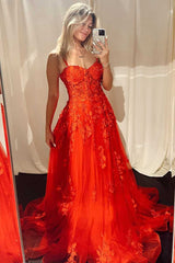 2024 Lace Red Formal Dress Corset Long Straps Evening Dress Appliques MyChicDress