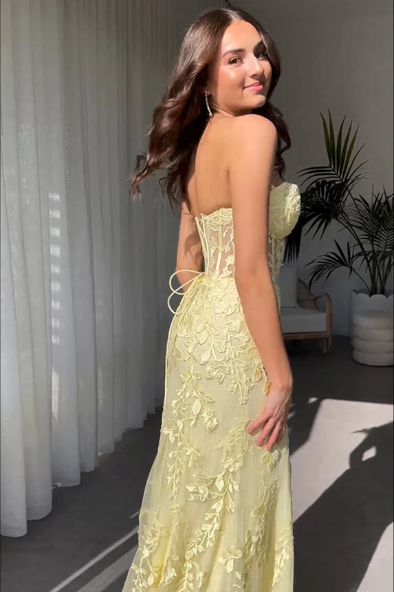 2024 Long Corset Yellow Prom Dresses Mermaid Sweetheart with Appliques MyChicDress