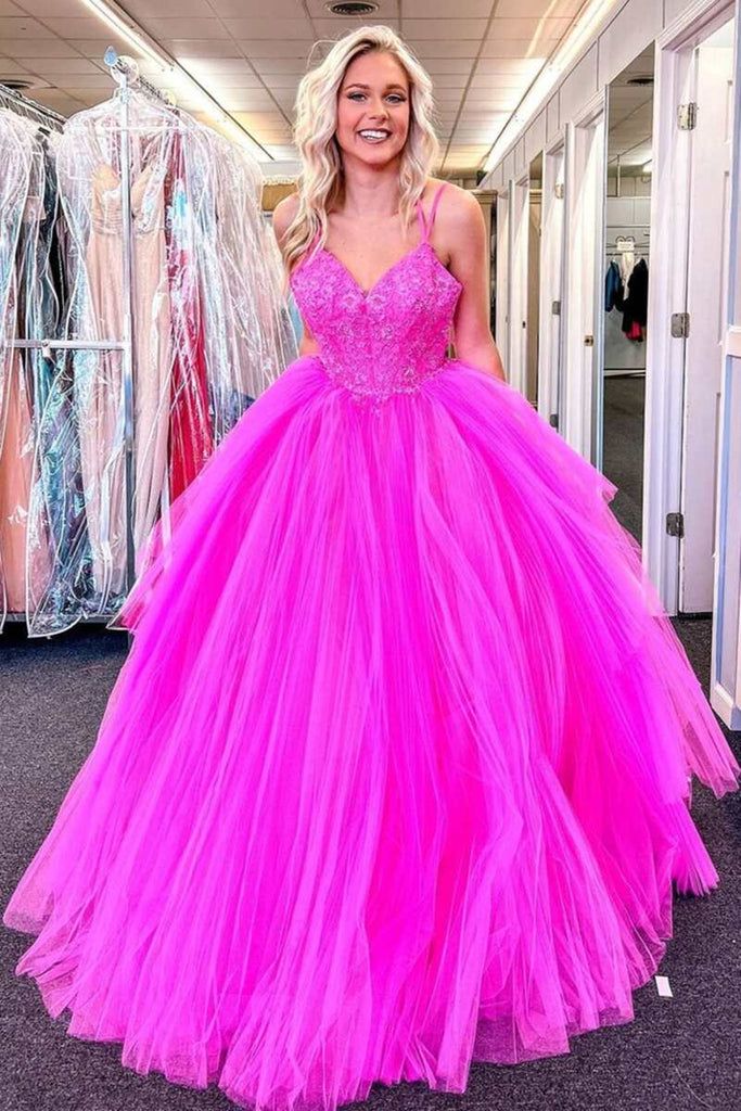 2024 Long V Neck Fuchsia Prom Dresses Appliques Lace Tulle Formal Evening Dresses MyChicDress