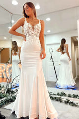 2024 Long V Neck Mermaid Lace White Prom Dress Open Back Formal Evening Dress MyChicDress