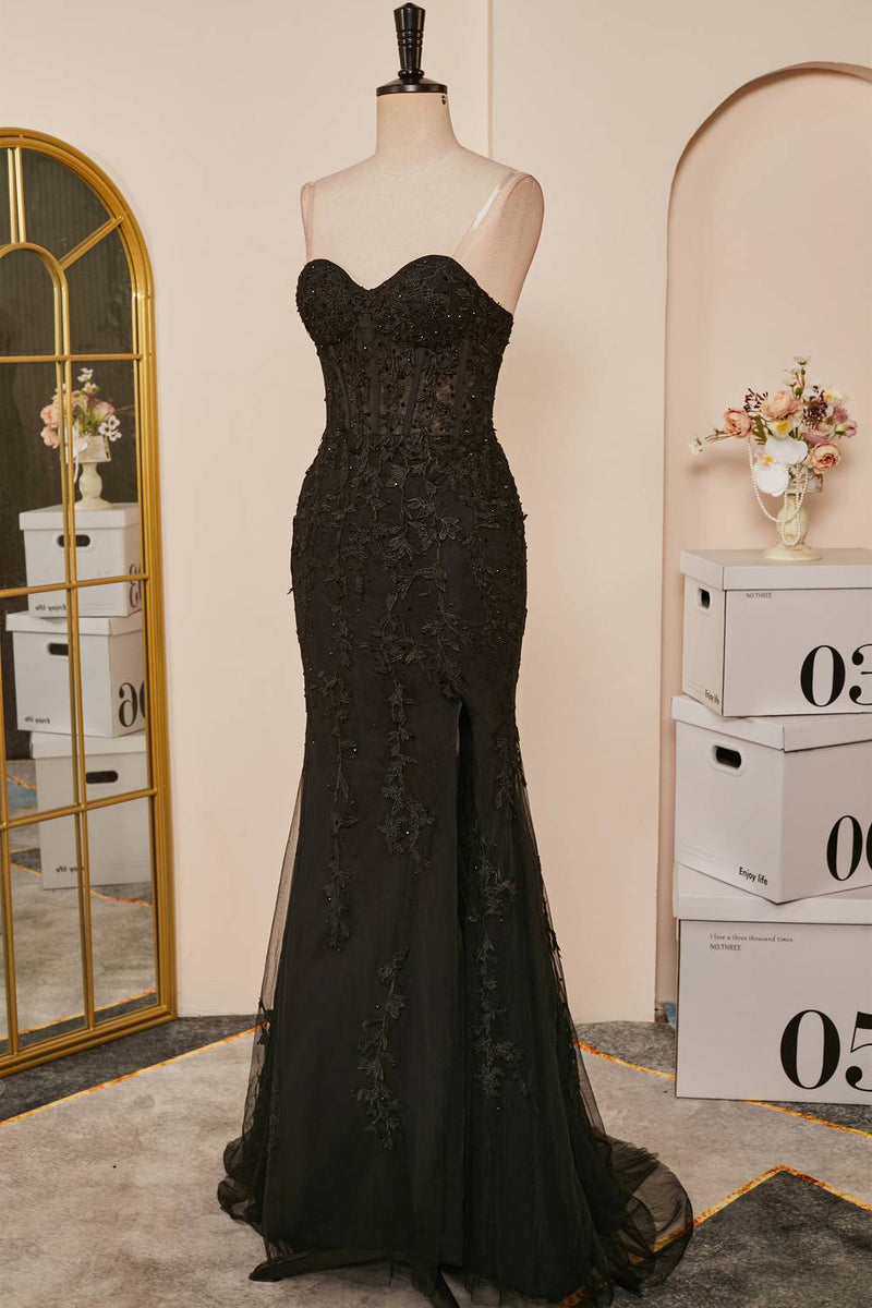 2024 Mermaid Black Prom Dress Sweetheart Appliques Slit Long Evening Dress MyChicDress