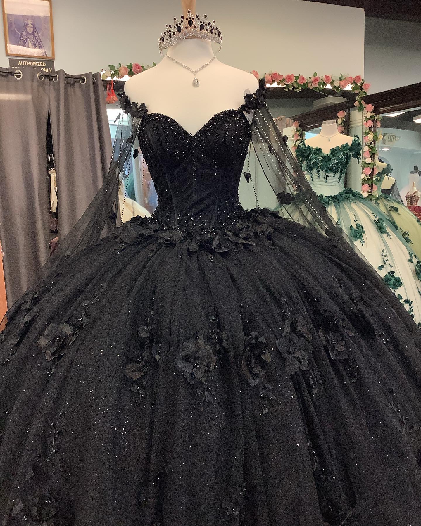 2024 New Cheap Quinceanera Dresses Black with Flowers Crystals Beaded MyChicDress