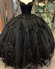 2024 New Cheap Quinceanera Dresses Black with Flowers Crystals Beaded MyChicDress