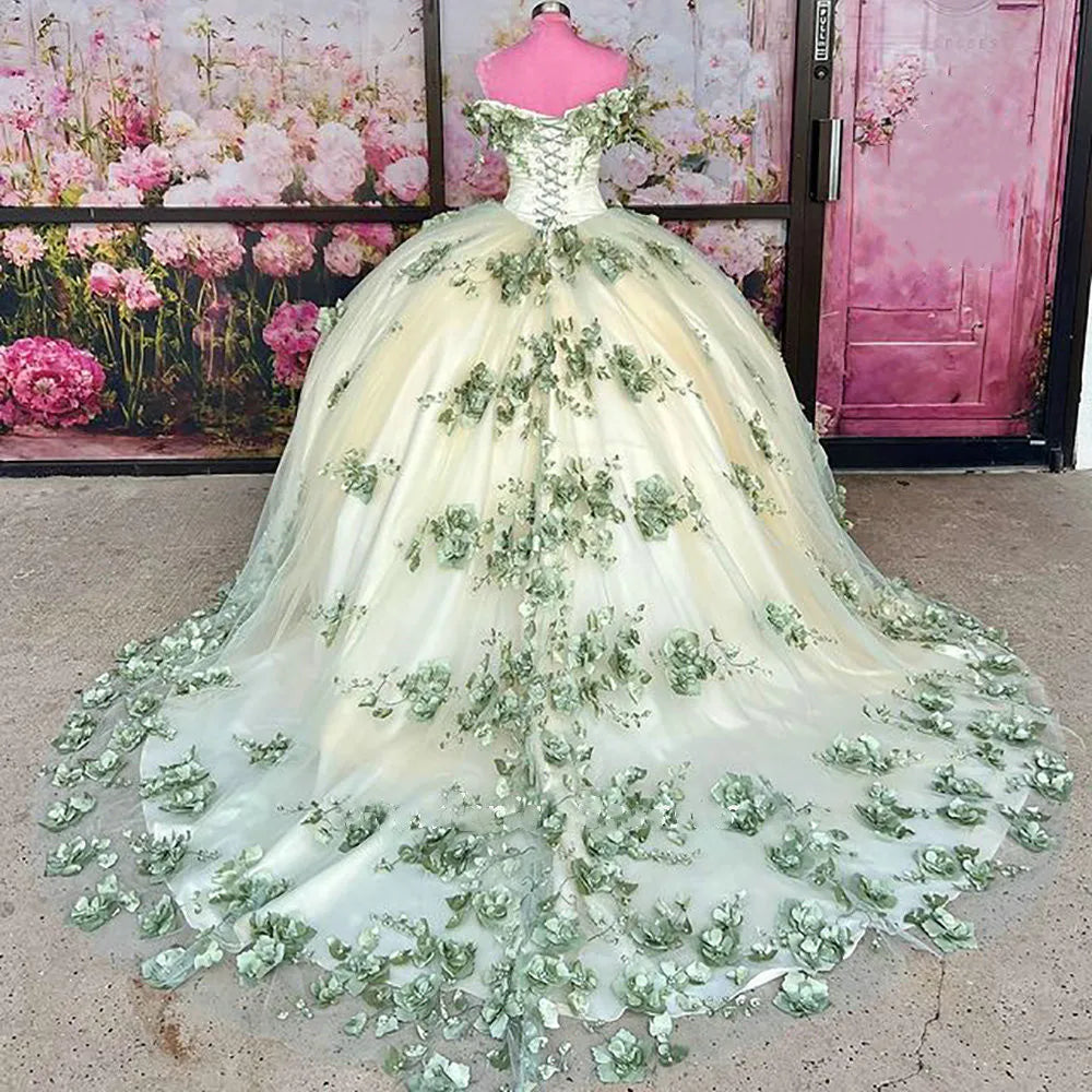 2024 New Sage Green Quinceanera Dress Plus Size 3D Flowers Pearls MyChicDress