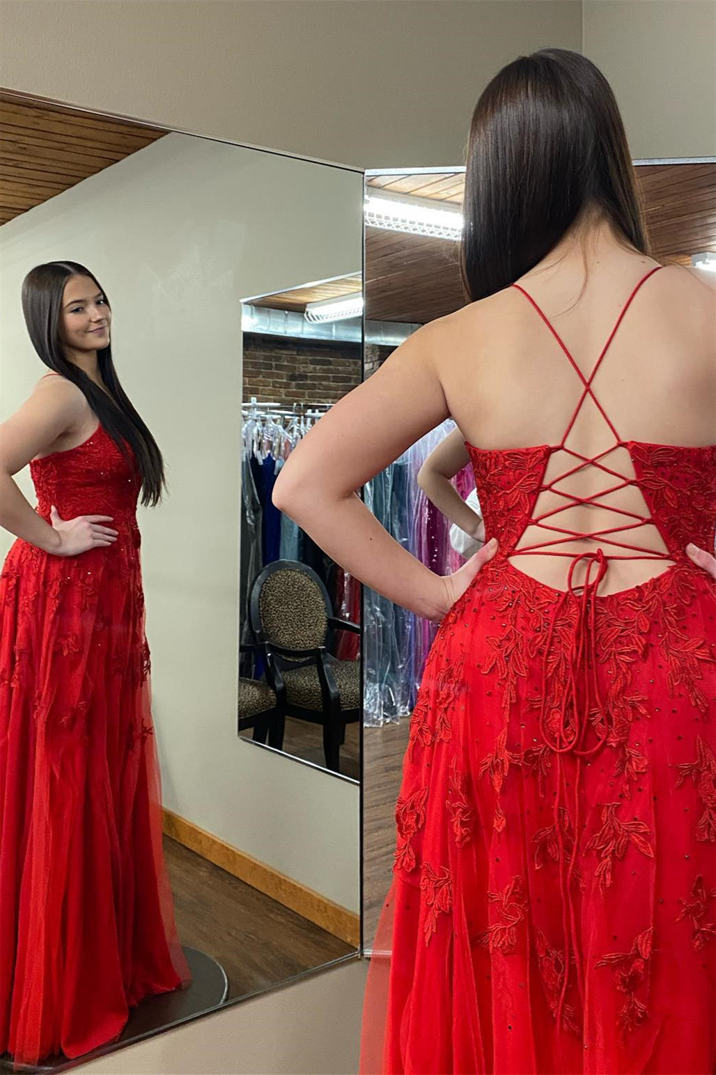 2025 Long Red Floral Prom Dresses Cheap Plunging V Neck Appliques - MyChicDress