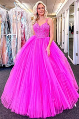 Long V Neck Fuchsia Prom Dresses 2025 Appliques Lace Tulle Formal Evening Dresses