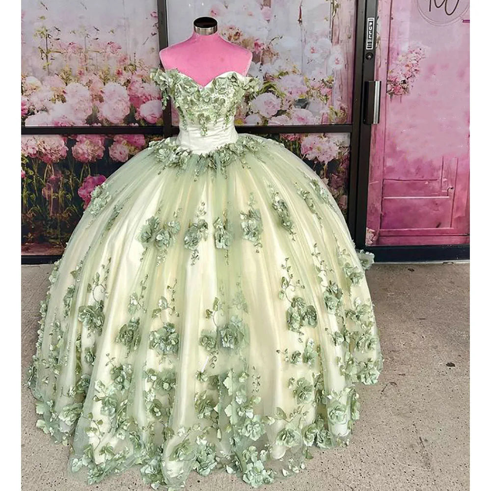 2024 New Sage Green Quinceanera Dress Plus Size 3D Flowers Pearls ...