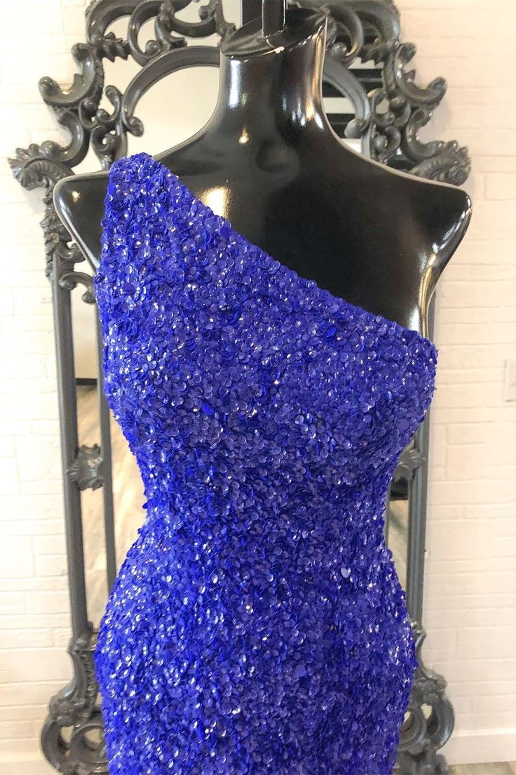 2025 One Shouder Royal Blue Prom Dresses Long Sequin Evening Dress - MyChicDress