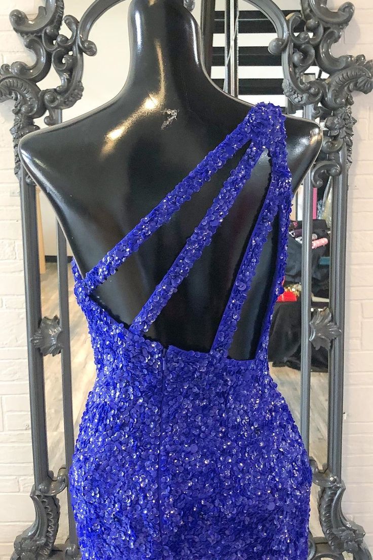 2025 One Shouder Royal Blue Prom Dresses Long Sequin Evening Dress - MyChicDress